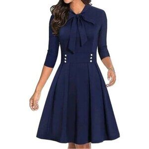 New Ikomi Navy Blue Women's Bow Tie Pockets Swing Dress